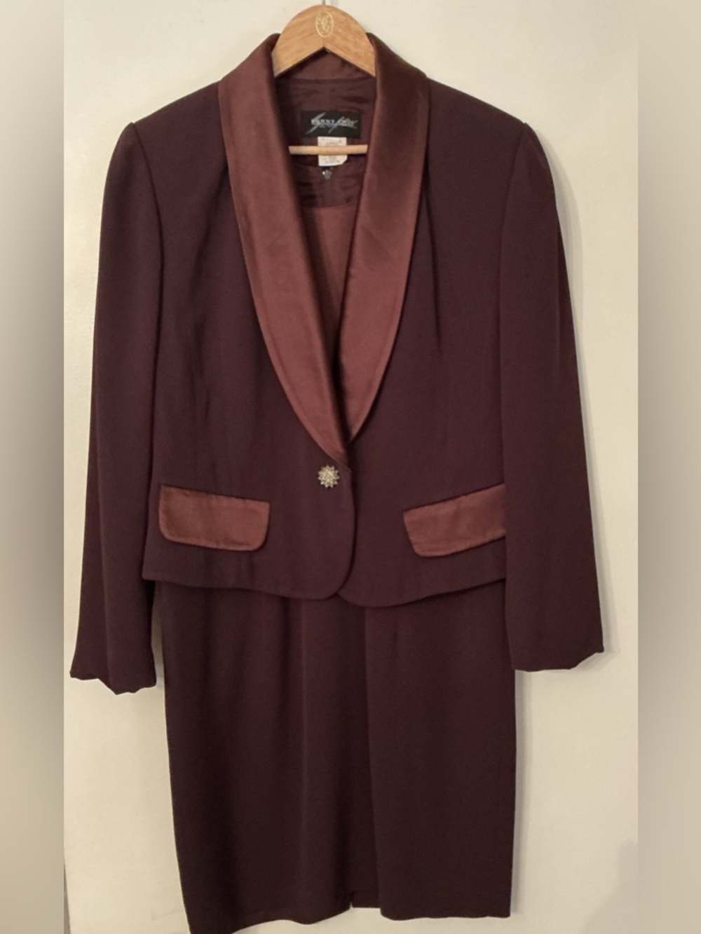 Vintage Sunny Choi Satin-Trim  Brown Two-Piece Dress Suit. 1990’s.